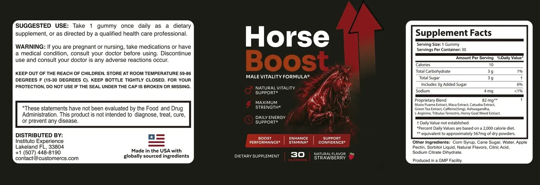 The flat Horse Boost label artwork, showing the warning panel, the front panel and the Supplement Facts panel