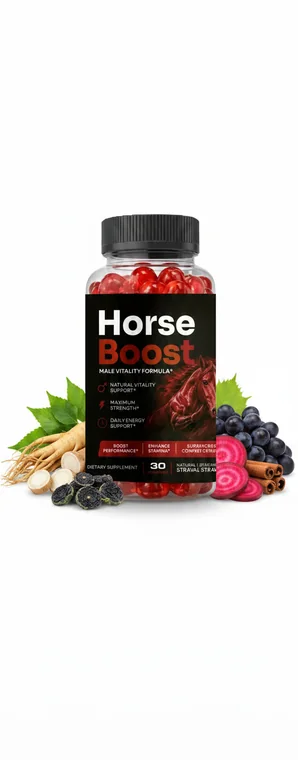 A Horse Boost bottle standing among the roots and berries its blend is drawn from
