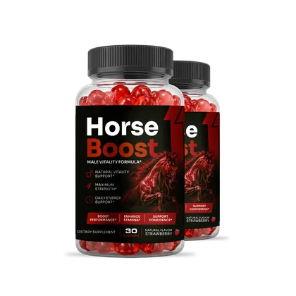 Two Horse Boost bottles, front labels showing 30 gummies